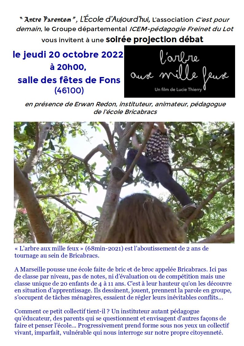 &laquo;&nbsp;L&rsquo;arbre aux milles feux&nbsp;&raquo; – Ciné-débat – 20 octobre 2022 – Avec l&rsquo;ICEM, pédagogie Freinet du Lot&nbsp;(46)